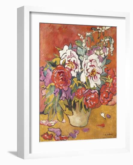 Peonies in a Pitcher against a Red Background, C.1918 (Oil on Canvas)-Louis Valtat-Framed Giclee Print