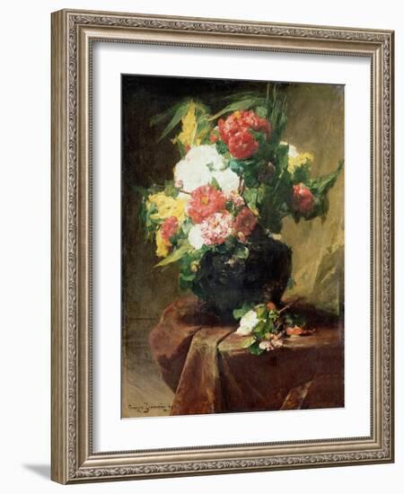 Peonies in a Vase on a Draped Table. 1895-Georges Jeannin-Framed Giclee Print
