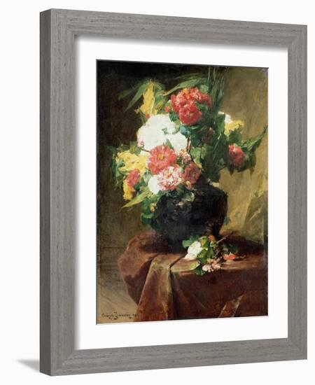 Peonies in a Vase on a Draped Table. 1895-Georges Jeannin-Framed Giclee Print
