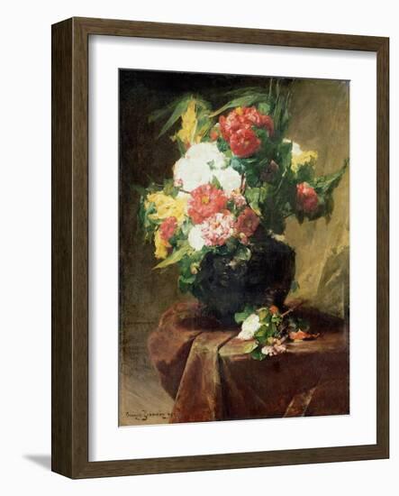 Peonies in a Vase on a Draped Table. 1895-Georges Jeannin-Framed Giclee Print