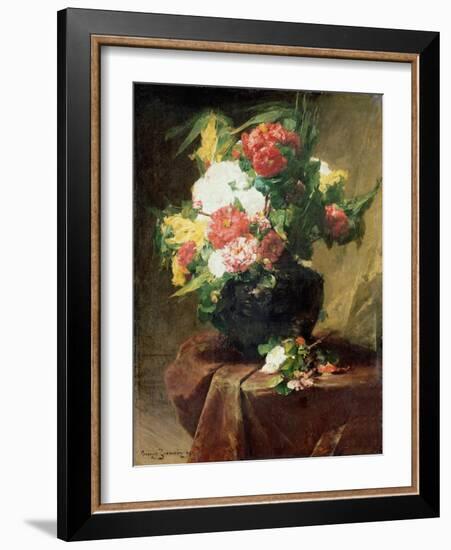 Peonies in a Vase on a Draped Table. 1895-Georges Jeannin-Framed Giclee Print