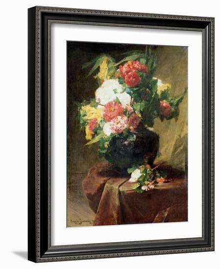 Peonies in a Vase on a Draped Table. 1895-Georges Jeannin-Framed Giclee Print