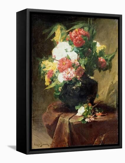 Peonies in a Vase on a Draped Table. 1895-Georges Jeannin-Framed Premier Image Canvas