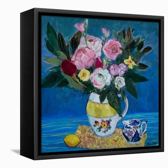 Peonies in a Yellow and White Jug, 2021 (Acrylic)-Ann Oram-Framed Premier Image Canvas