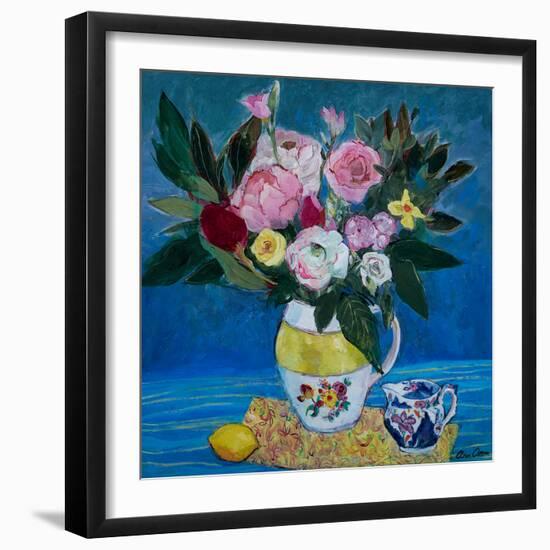 Peonies in a Yellow and White Jug, 2021 (Acrylic)-Ann Oram-Framed Giclee Print