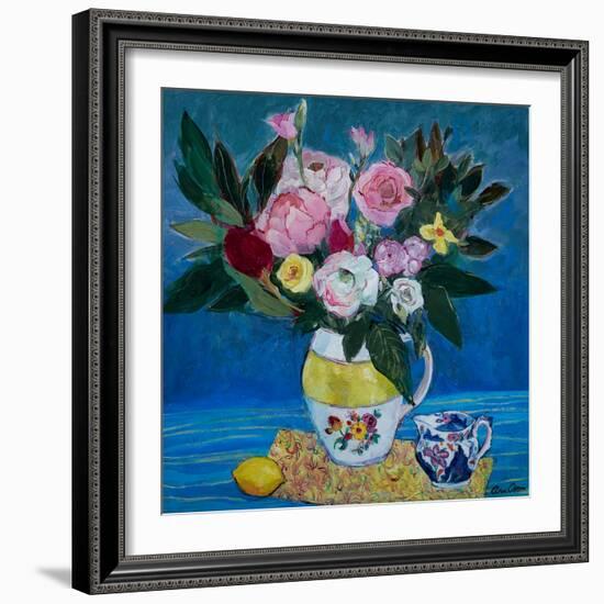 Peonies in a Yellow and White Jug, 2021 (Acrylic)-Ann Oram-Framed Giclee Print