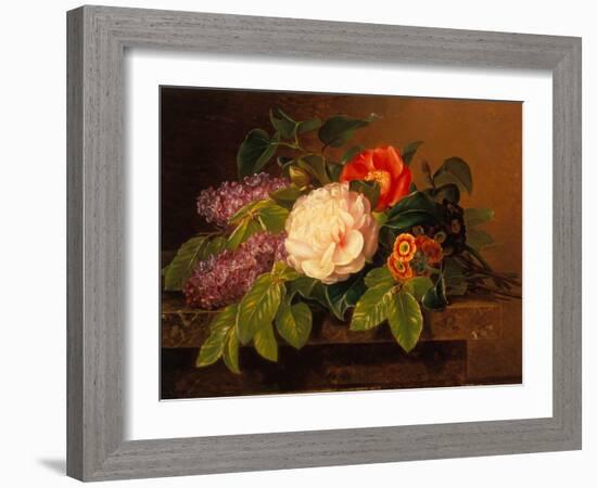 Peonies, Lilac and Primulae on a Marble Ledge-Johan Laurents Jensen-Framed Giclee Print