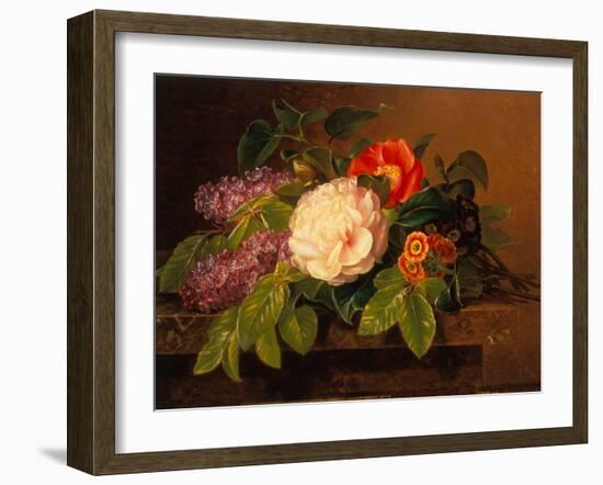 Peonies, Lilac and Primulae on a Marble Ledge-Johan Laurents Jensen-Framed Giclee Print
