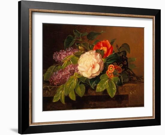 Peonies, Lilac and Primulae on a Marble Ledge-Johan Laurents Jensen-Framed Giclee Print