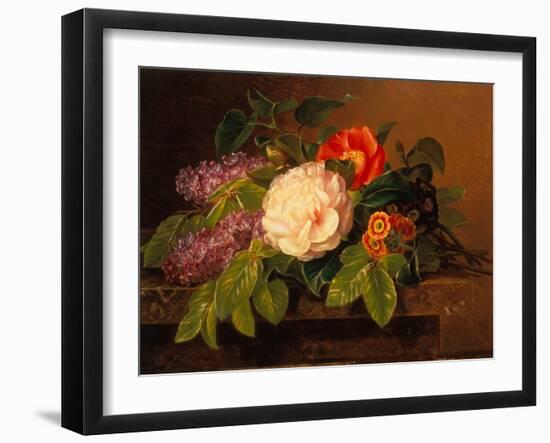 Peonies, Lilac and Primulae on a Marble Ledge-Johan Laurents Jensen-Framed Giclee Print