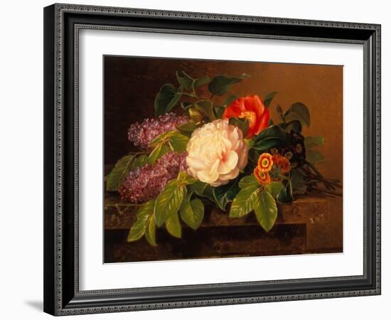 Peonies, Lilac and Primulae on a Marble Ledge-Johan Laurents Jensen-Framed Giclee Print