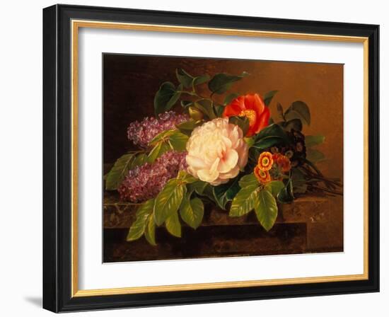 Peonies, Lilac and Primulae on a Marble Ledge-Johan Laurents Jensen-Framed Giclee Print