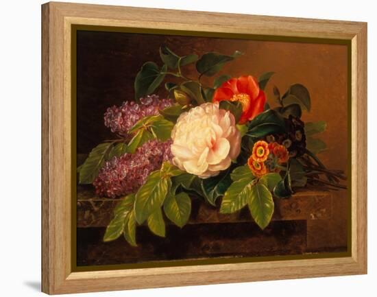 Peonies, Lilac and Primulae on a Marble Ledge-Johan Laurents Jensen-Framed Premier Image Canvas