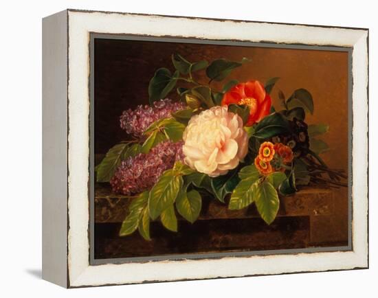 Peonies, Lilac and Primulae on a Marble Ledge-Johan Laurents Jensen-Framed Premier Image Canvas