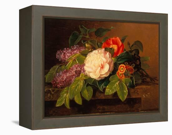 Peonies, Lilac and Primulae on a Marble Ledge-Johan Laurents Jensen-Framed Premier Image Canvas