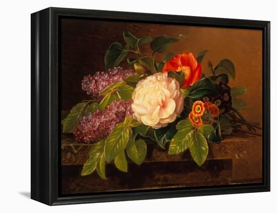 Peonies, Lilac and Primulae on a Marble Ledge-Johan Laurents Jensen-Framed Premier Image Canvas