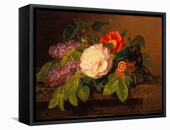 Peonies, Lilac and Primulae on a Marble Ledge-Johan Laurents Jensen-Framed Premier Image Canvas