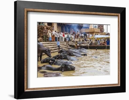 People at Cremation Site, Ganges River, Varanasi, India-Ali Kabas-Framed Photographic Print