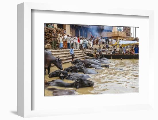 People at Cremation Site, Ganges River, Varanasi, India-Ali Kabas-Framed Photographic Print