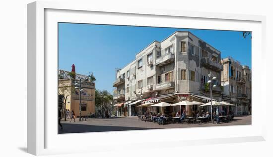 People at sidewalk cafe on the street, Nahalat Binyamin Street, White City, Tel Aviv, Israel-null-Framed Photographic Print