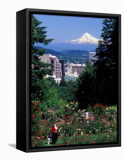 People at the Washington Park Rose Test Gardens with Mt Hood, Portland, Oregon, USA-Janis Miglavs-Framed Premier Image Canvas