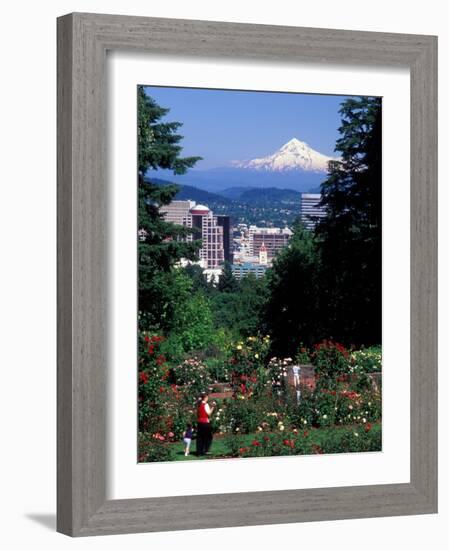 People at the Washington Park Rose Test Gardens with Mt Hood, Portland, Oregon, USA-Janis Miglavs-Framed Photographic Print