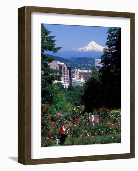 People at the Washington Park Rose Test Gardens with Mt Hood, Portland, Oregon, USA-Janis Miglavs-Framed Photographic Print