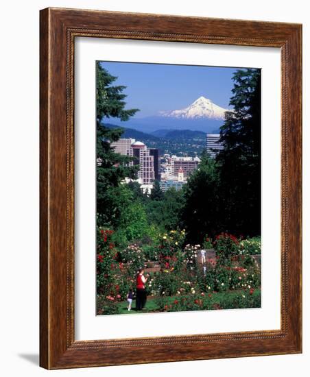 People at the Washington Park Rose Test Gardens with Mt Hood, Portland, Oregon, USA-Janis Miglavs-Framed Photographic Print