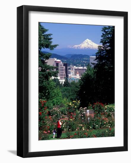 People at the Washington Park Rose Test Gardens with Mt Hood, Portland, Oregon, USA-Janis Miglavs-Framed Photographic Print