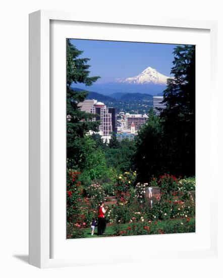 People at the Washington Park Rose Test Gardens with Mt Hood, Portland, Oregon, USA-Janis Miglavs-Framed Photographic Print