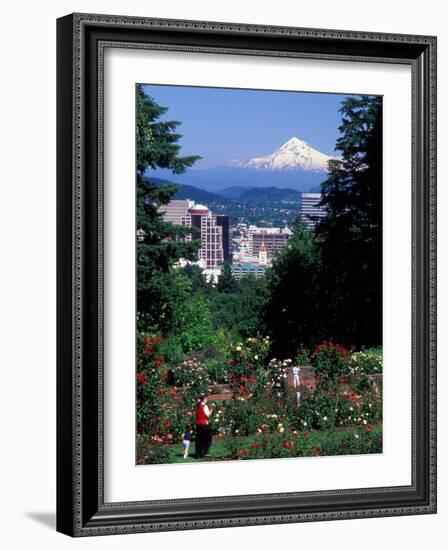 People at the Washington Park Rose Test Gardens with Mt Hood, Portland, Oregon, USA-Janis Miglavs-Framed Photographic Print