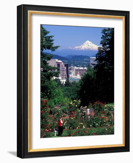 People at the Washington Park Rose Test Gardens with Mt Hood, Portland, Oregon, USA-Janis Miglavs-Framed Photographic Print