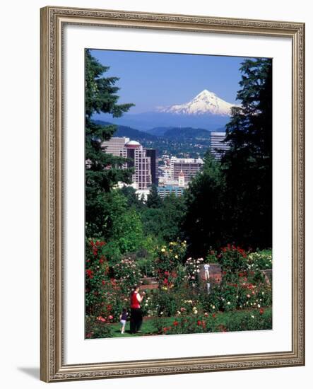 People at the Washington Park Rose Test Gardens with Mt Hood, Portland, Oregon, USA-Janis Miglavs-Framed Photographic Print