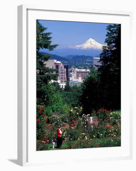 People at the Washington Park Rose Test Gardens with Mt Hood, Portland, Oregon, USA-Janis Miglavs-Framed Photographic Print