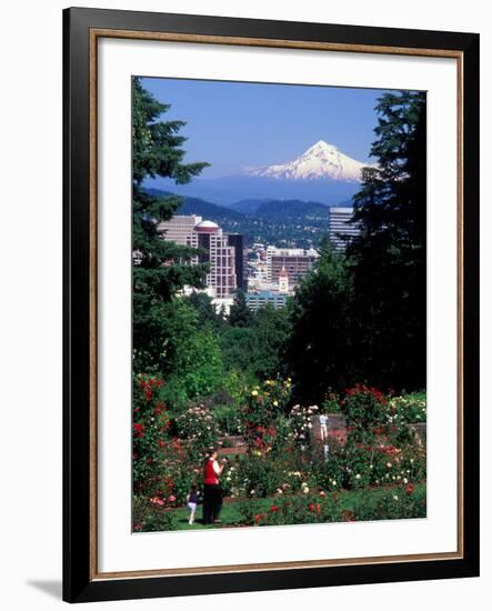 People at the Washington Park Rose Test Gardens with Mt Hood, Portland, Oregon, USA-Janis Miglavs-Framed Photographic Print