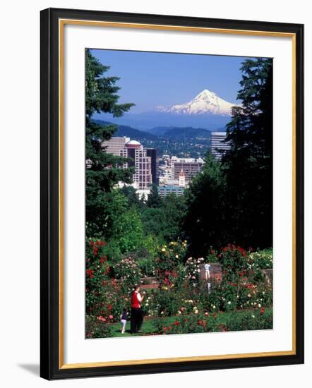 People at the Washington Park Rose Test Gardens with Mt Hood, Portland, Oregon, USA-Janis Miglavs-Framed Photographic Print