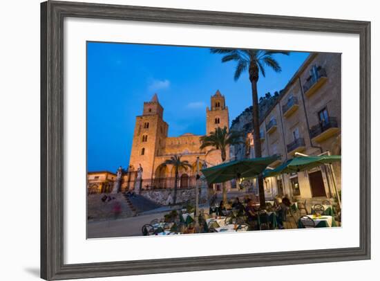 People Dining in Piazza Duomo in Front of the Norman Cathedral of Cefalu Illuminated at Night-Martin Child-Framed Photographic Print