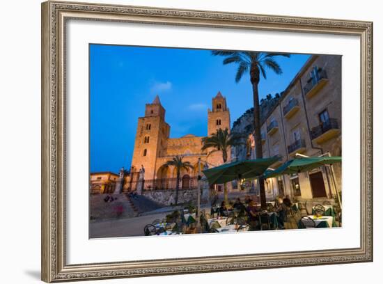 People Dining in Piazza Duomo in Front of the Norman Cathedral of Cefalu Illuminated at Night-Martin Child-Framed Photographic Print