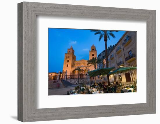 People Dining in Piazza Duomo in Front of the Norman Cathedral of Cefalu Illuminated at Night-Martin Child-Framed Photographic Print