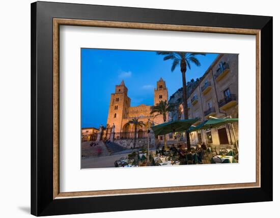 People Dining in Piazza Duomo in Front of the Norman Cathedral of Cefalu Illuminated at Night-Martin Child-Framed Photographic Print