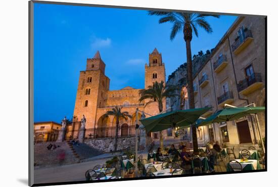 People Dining in Piazza Duomo in Front of the Norman Cathedral of Cefalu Illuminated at Night-Martin Child-Mounted Photographic Print