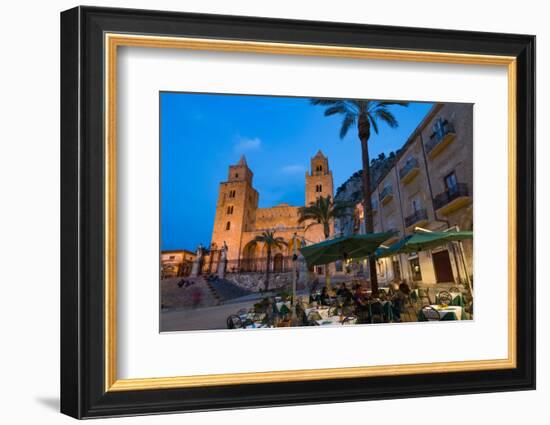 People Dining in Piazza Duomo in Front of the Norman Cathedral of Cefalu Illuminated at Night-Martin Child-Framed Photographic Print