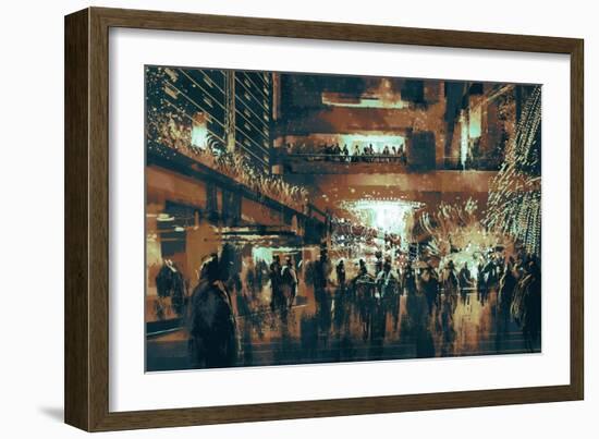 People Enjoy at Shopping Street,Digital Painting,Vintage Style-Tithi Luadthong-Framed Art Print