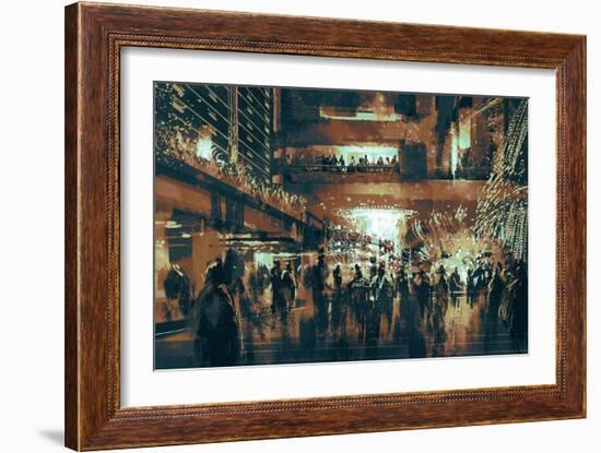 People Enjoy at Shopping Street,Digital Painting,Vintage Style-Tithi Luadthong-Framed Art Print