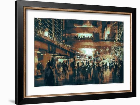 People Enjoy at Shopping Street,Digital Painting,Vintage Style-Tithi Luadthong-Framed Art Print