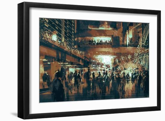 People Enjoy at Shopping Street,Digital Painting,Vintage Style-Tithi Luadthong-Framed Art Print