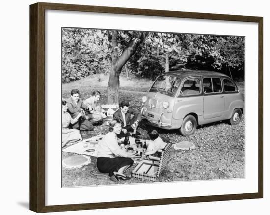 People Enjoying a Picnic Beside a 1956 Fiat 600 Multipla, (C1956)-null-Framed Photographic Print