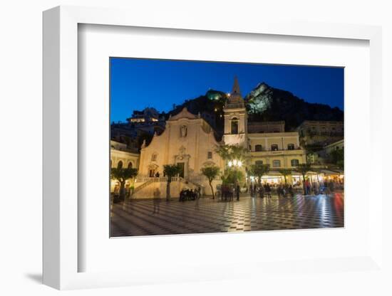 People Enjoying Passeggiata in Piazza Ix Aprile in the Hill Town of Taormina at Night, Sicily-Martin Child-Framed Photographic Print