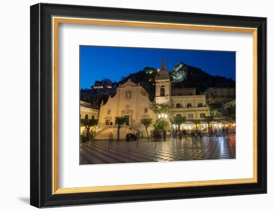 People Enjoying Passeggiata in Piazza Ix Aprile in the Hill Town of Taormina at Night, Sicily-Martin Child-Framed Photographic Print