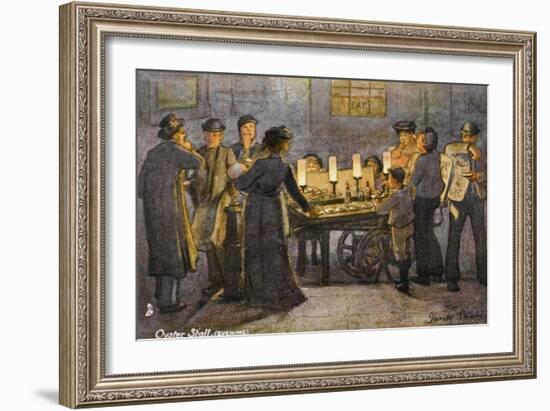 People Gather Round a London Oyster Stall in the Evening-null-Framed Art Print